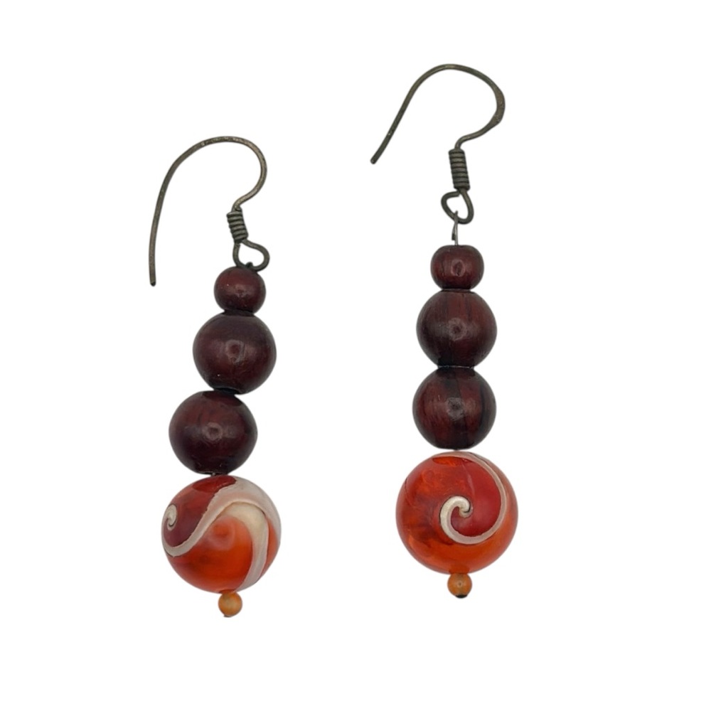 Greek Artisan Orange Spiral Glass Wood Bead Dangle Earrings Boho